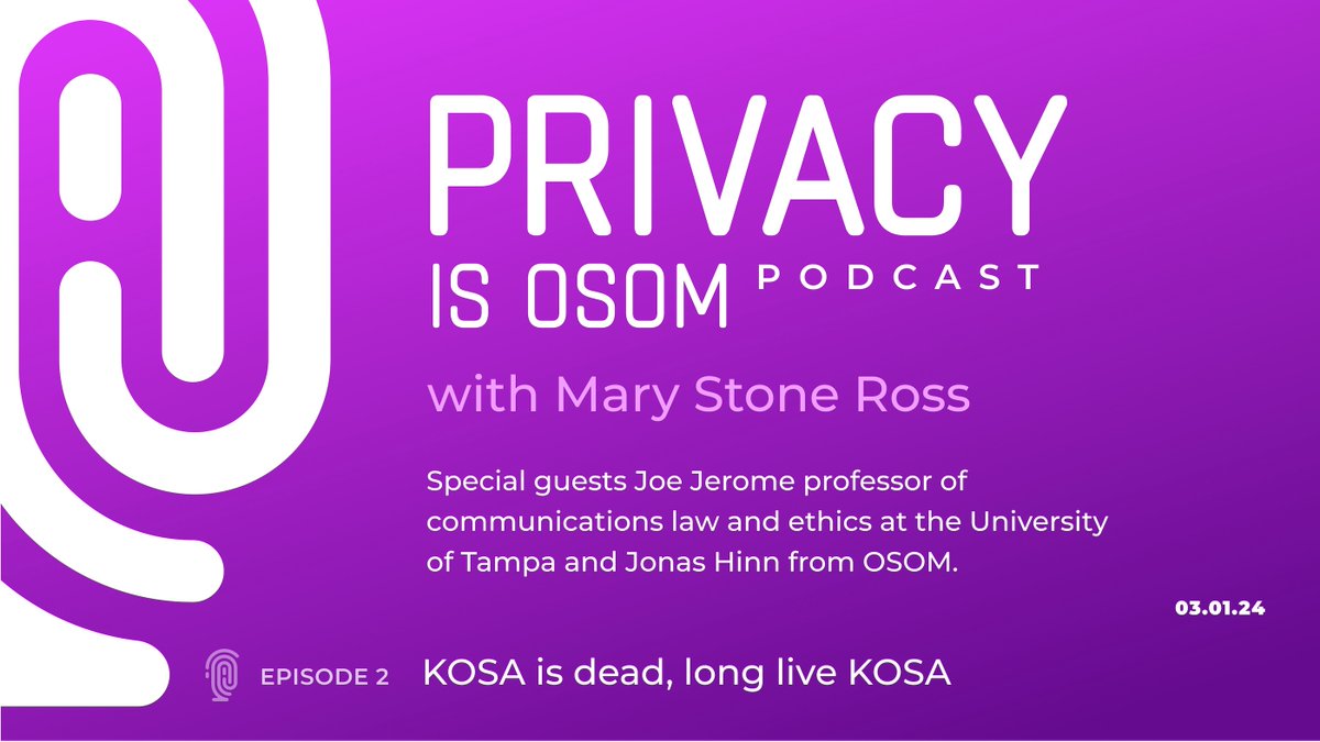 Tune in for episode 2 of the Privacy is OSOM Podcast — now available with video! Host <a href="/MarySRoss18/">Mary Stone Ross</a> and OSOM's <a href="/J909/">Jonas</a> join guest <a href="/joejerome/">Joseph Jerome</a> to chat about KOSA.

Available now on YouTube and most places you listen to podcasts. 

youtube.com/watch?v=ZGPKkO…