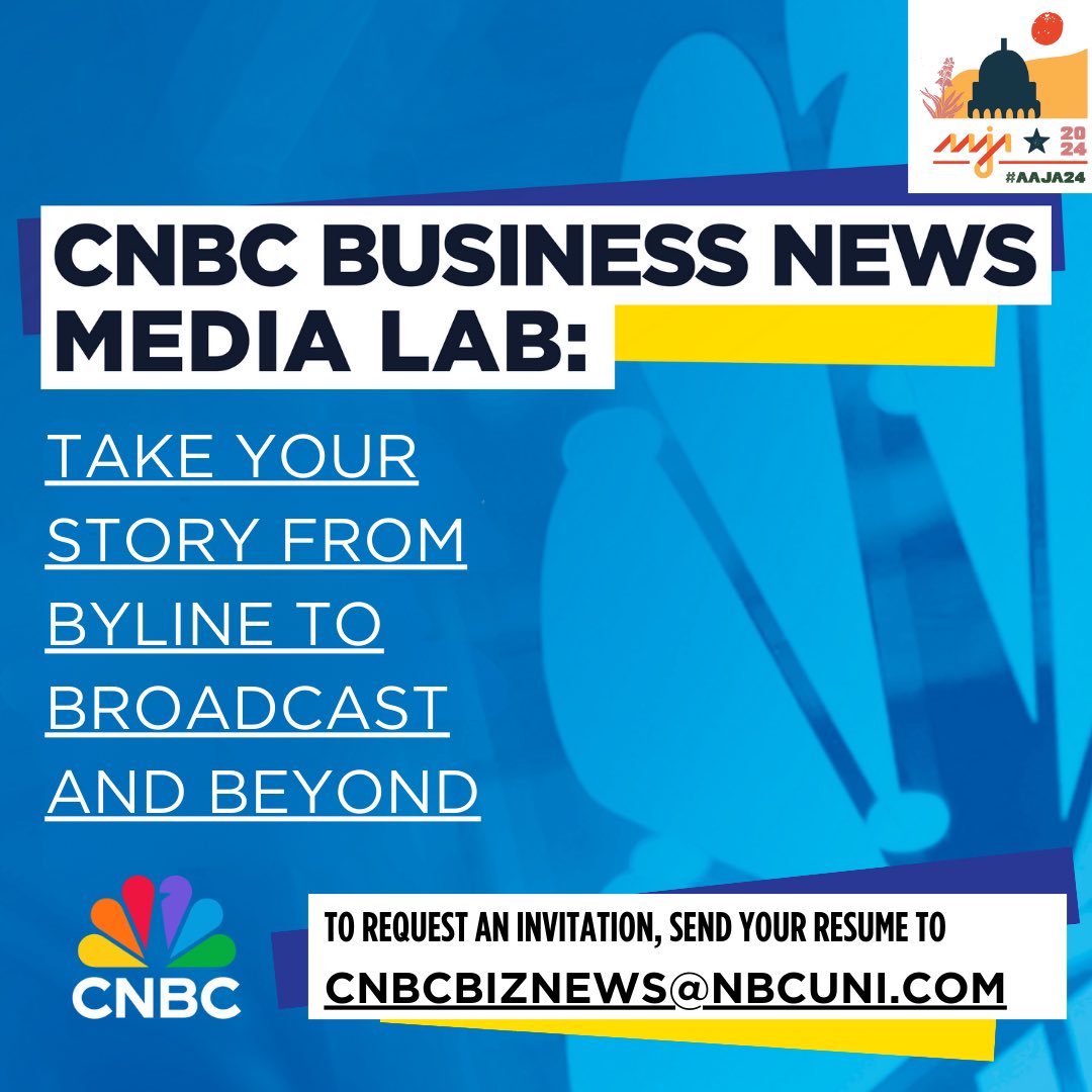 .@CNBC is hosting a Media Lab at #AAJA24 to teach journalists to take their stories from a byline to broadcast and beyond! To request
an invitation to this Media Lab, send your resume to cnbcbiznews@nbcuni.com today.