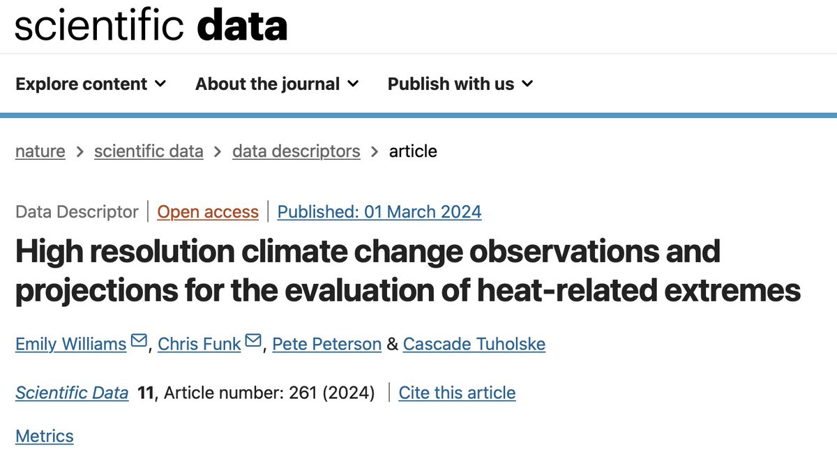 climatehazards's tweet photo. New @ScientificData paper! 

The CHC-CMIP6 was created to provide high-resolution observation and scenario-based projection hydro-climatic data to support monitoring and analysis of current and future heat hazards in data sparse regions. Read more: https://t.co/WXvSJfHEPl https://t.co/o1GZX4Kjlr