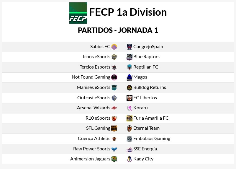 CPG SPAIN (@cpg_spain) on Twitter photo 🏆 FECP 1ª División Temporada 1
PRESENTACIÓN
Confirmamos los 24 Equipos, Formato y tenemos la Jornada 1, el debut
<a href="/cangrejospain/">CangrejoSpain eSport</a>
<a href="/sabios_fc/">Sabios FC</a>
<a href="/NotFound_Gaming/">Not Found Gaming</a>
<a href="/floringas20/">florin Emanuel iancu</a>
<a href="/ReptilianFc/">Reptilian fc</a>
<a href="/_IconseSports/">Icons eSports</a>
@outcastesports
<a href="/MANISESeSports/">Manises eSports</a>
<a href="/Magos_Official/">Magos del Balon</a>
@terciosesports 🏆 FECP 1ª División Temporada 1
PRESENTACIÓN
Confirmamos los 24 Equipos, Formato y tenemos la Jornada 1, el debut
<a href="/cangrejospain/">CangrejoSpain eSport</a>
<a href="/sabios_fc/">Sabios FC</a>
<a href="/NotFound_Gaming/">Not Found Gaming</a>
<a href="/floringas20/">florin Emanuel iancu</a>
<a href="/ReptilianFc/">Reptilian fc</a>
<a href="/_IconseSports/">Icons eSports</a>
@outcastesports
<a href="/MANISESeSports/">Manises eSports</a>
<a href="/Magos_Official/">Magos del Balon</a>
@terciosesports