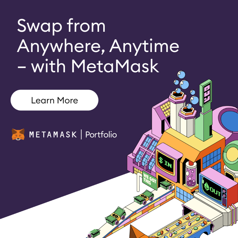 MetaMask's tweet photo. Swap from anywhere, anytime – with MetaMask. Access, store, &amp; swap tokens directly from your self custodial MetaMask wallet. Find competitive rates, everytime. Explore Swaps with MetaMask.