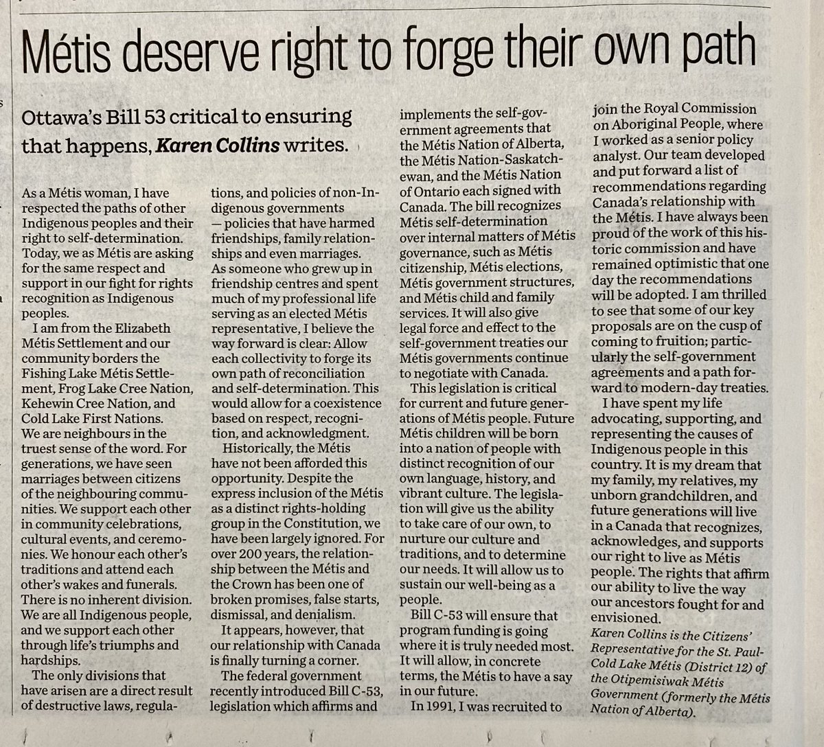 Featured in the Edmonton Journal! 👀 “Métis deserve the right to forge their own path of reconciliation and self-determination” – Karen Collins, Citizens’ Representative for the St. Paul-Cold Lake Métis. Read the article here: edmontonjournal.com/opinion/column…