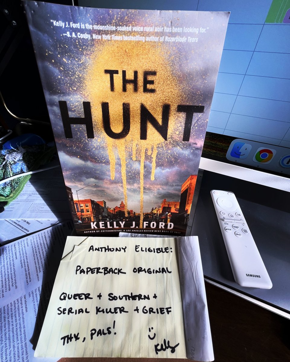Back On Here for a hot minute for the obligatory notification: This is my lo-fi marketing effort to alert Bouchercon ballot holders that my 3rd novel The Hunt is eligible for an Anthony for Paperback Original. 🙂#Bouchercon #AnthonyAwards