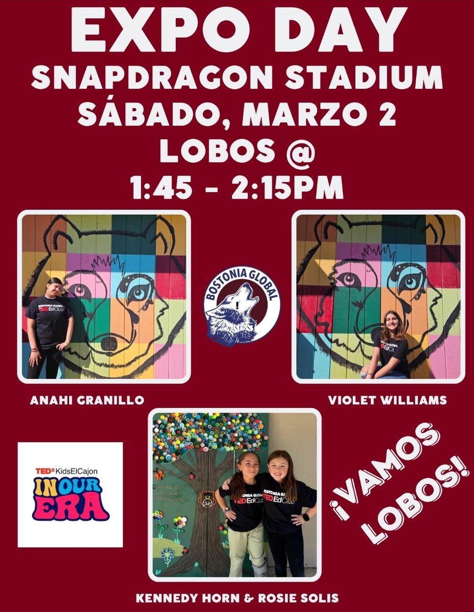 Eager to see our @BostoniaGlobal Lobas tomorrow 🎉 @SnapdragonStdm for @TEDxKidsElCajon and @LoveSTEMSD 
Vamos Lobos 🐺❤️ #somosLobos #somosMultilingues 
@arivera2113 @MtraRamosR @Maestra_VRocha @NerelWinter @Jenn_Petraglia @MaestraMonroy