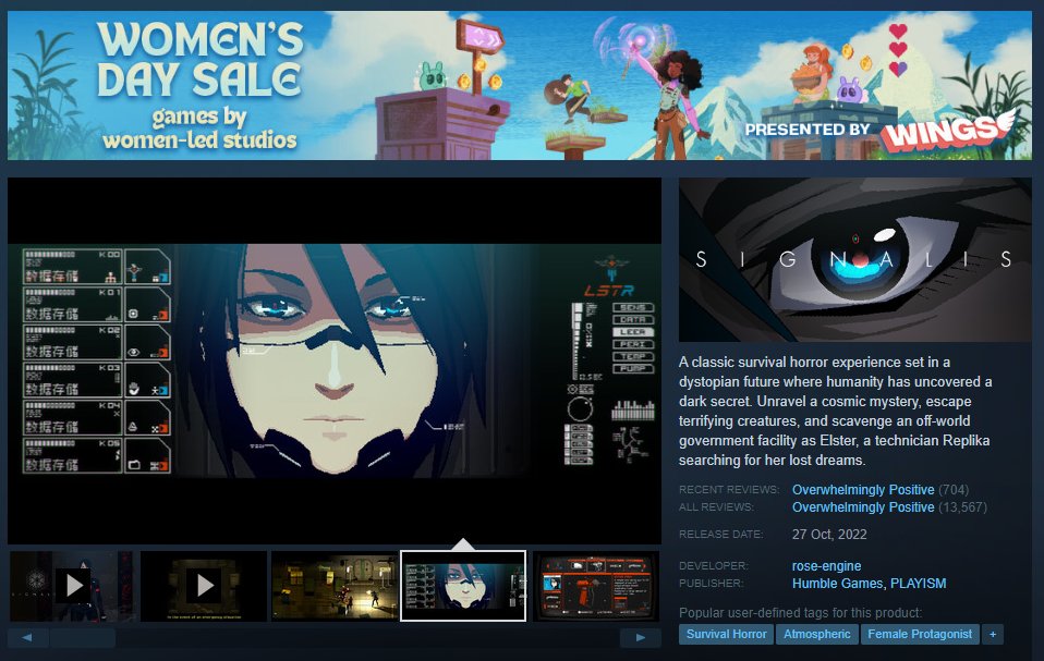 SIGNALIS is part of the Women’s Day Sale on Steam and 30% off! From March 1-10th you can discover 400+ great indie games made by women & gender marginalized devs: store.steampowered.com/sale/womenday24 Thank you to @wingsfundme for organizing this event!