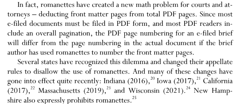 Learned something interesting in @TessaDysart's @GB2d piece on Roman numerals for front matter in briefs: Some state courts have prohibited their use! papers.ssrn.com/sol3/papers.cf… #LegalWriting #AppellateTwitter