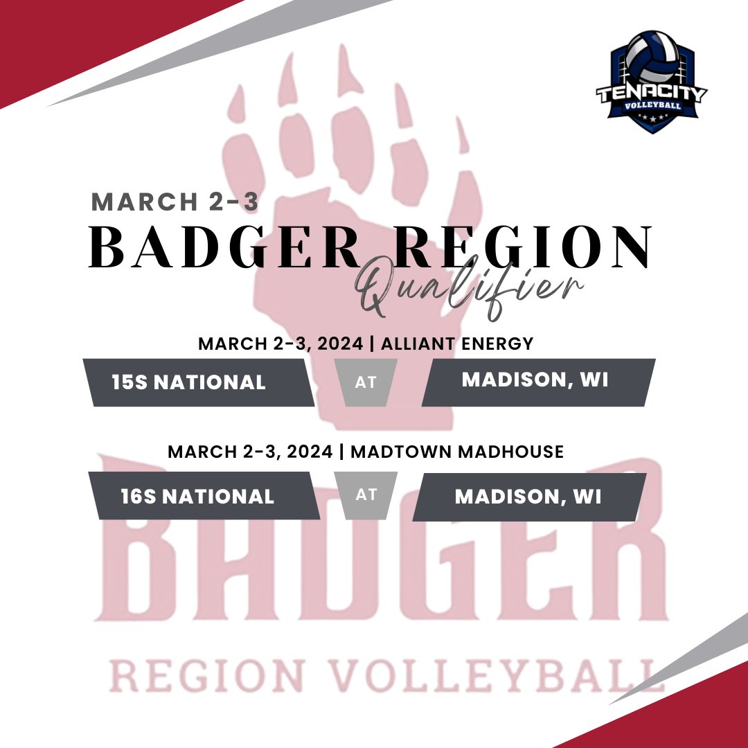 🚨📢 IN ACTION THIS WEEKEND

Make sure to wish our 15s &amp; 16s National teams’ good luck as they head to Madison for the 2024 Badger Region Qualifier! 🏅🎟️🏐

IT’S GO TIME!💪🏻
 
BADGER REGION SCHEDULE ➡️ results.advancedeventsystems.com/event/PTAwMDAw… 

#tenacityvolleyballclub #badgerregionqualifier