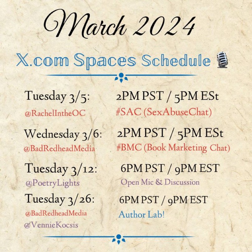 Come join us on @XSpaces  in March! Click on the links to set reminders. 👇.

#SexAbuseChat T 3/5 with @RachelintheOC 2pm PT twitter.com/i/spaces/1nAJE…

#BookMarketingChat W 3/6 with @BadRedheadMedia 2pm PT twitter.com/i/spaces/1gqGv…

#Trauma #Survivors #WritingCommunity
