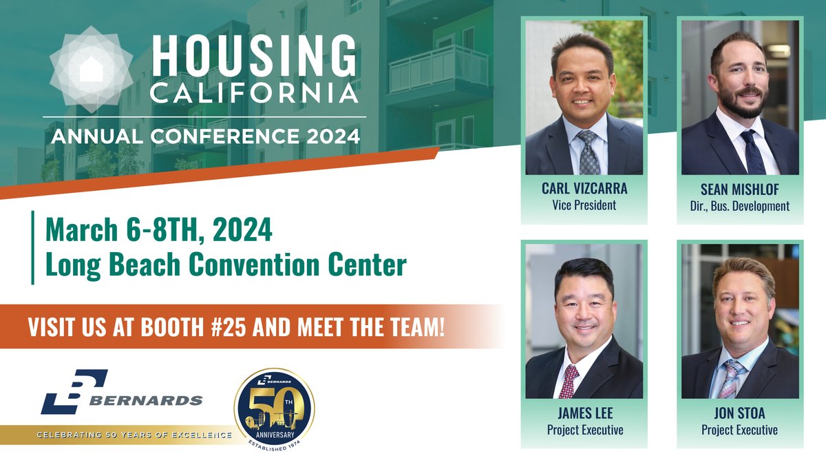 The Bernards #Multifamily team is excited to sponsor this year’s @HousingCA Annual Conference in Long Beach! Come by booth #25 on March 6th – 8th!

#Bernards #AffordableHousing #HousingCA