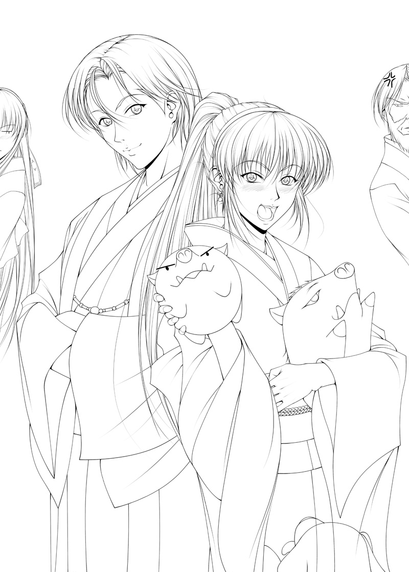 今日の一枚?
2019年の年賀用イラストのラフから完成まで。
ラフはもうほぼ当たりですね、顔が少し変更された位。
今見るとラフの方が頭の位置が正しかったかも?🤔
塗りは着物があっさりしてるので案外楽でしたね。
一番難しかったのは猪のぬいぐるみ!😅 