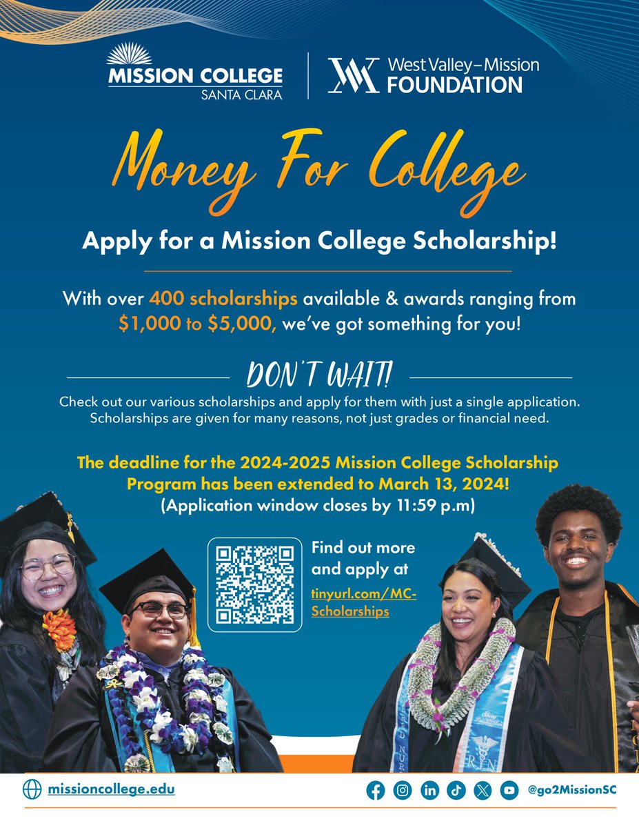 Great news! 🎉 The deadline for the 2024-2025 Mission College Scholarship Program has been extended to March 13, 2024! This is your LAST CALL to seize the opportunity and secure funding for your education. 🎓 Don't miss out – apply now at tinyurl.com/MC-Scholarships.