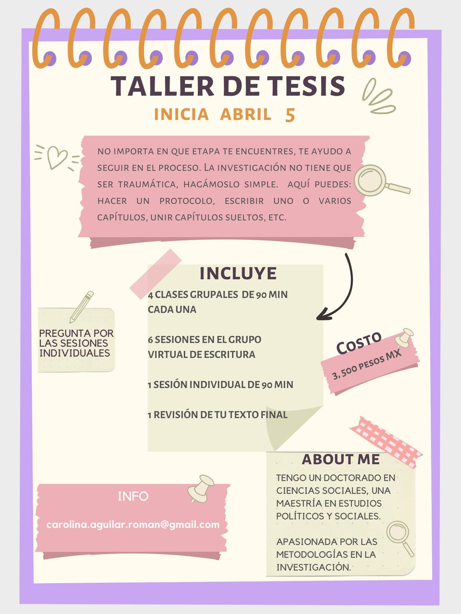 Tesistas!!!
Quieres retomar la tesis, seguirle a los capítulos, escribir la introducción o conclusiones, se parte del taller🤓

Por fa, compartan 
<a href="/amarelavarela/">Amarela Varela</a> <a href="/PinillosGaby/">Gabriela Pinillos</a> <a href="/SunenCarbajal/">Sunen Carbajal Reyes</a> <a href="/Aleliub/">Alejandra</a>