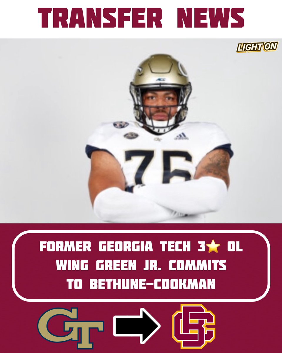 Former Georgia Tech 3⭐ OL Wing Green Jr. has committed to Bethune-Cookman, per his social media. 🌴🔥 #HailWildcats @WingGreenJr