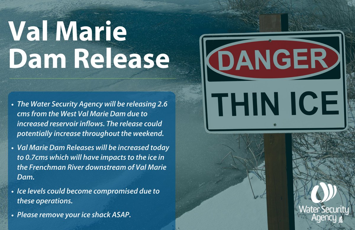 Unexpected inflows to the West Val Marie reservoir (Huff Lake) beginning Friday March 1st, 2024 mean that WSA will be making unscheduled releases from the dam, which could impact and weaken ice conditions downstream of the reservoir along the Frenchman River.