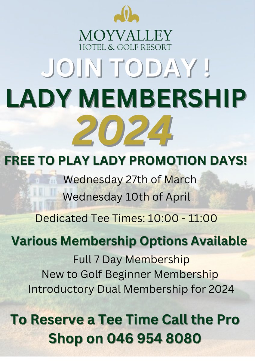 * Attention ladies * ⛳️ Moyvalley Hotel and Golf Resort is holding ladies membership promotion days on Wednesday 27th of March & Wednesday 10th of April. For more information or to reserve a tee time, call the pro shop on 0469548080 #moyvalleyhotel #kildaregolf #golfcourse