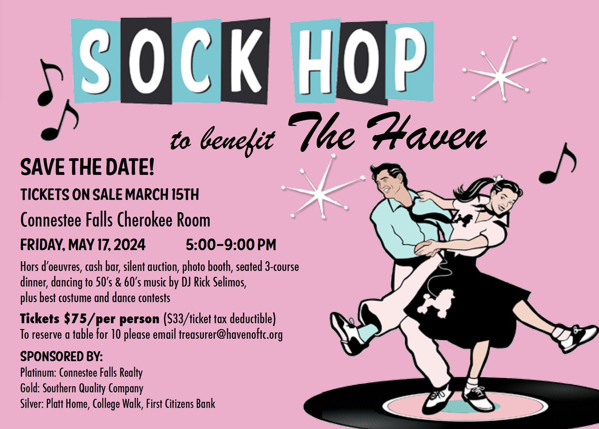 Save the Date! Sock Hop May 17th to benefit The Haven of Transylvania County. Tickets on sale in 2 weeks!

#transylvaniacounty #brevardnc #sockhop