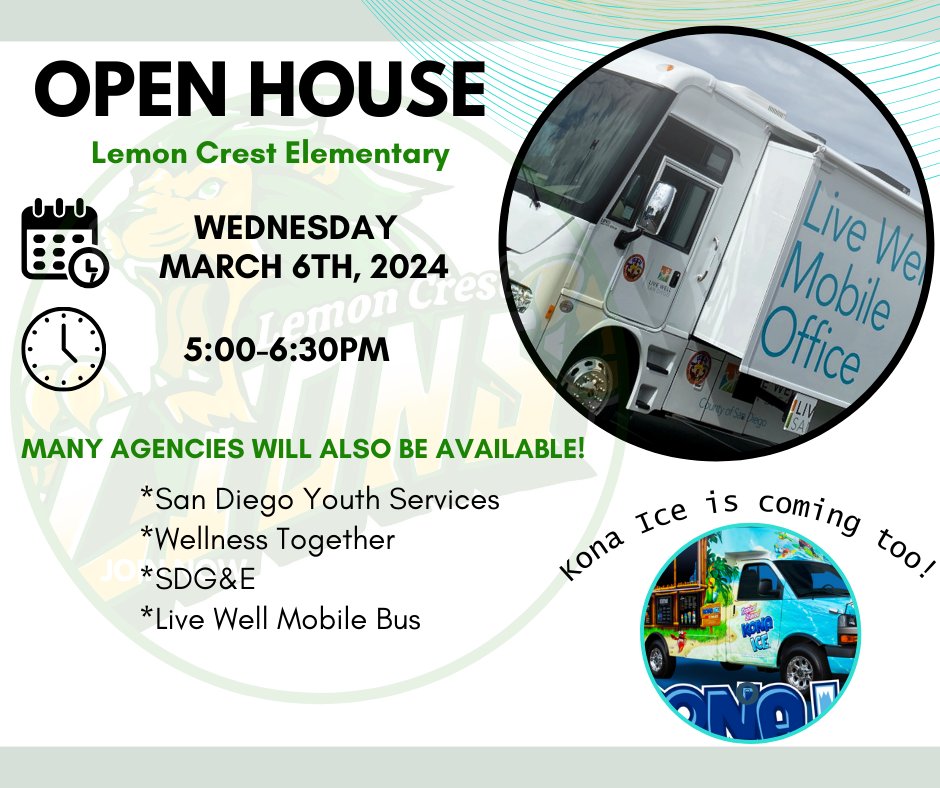 The @LiveWoWBus is going to the Lemon Crest Elementary Open House, Wednesday, March 6th 5:00-6:30 PM. Come see us and learn about the county services and resources available to you. @lemoncrest_lusd