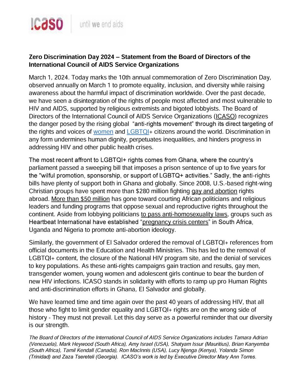 Zero Discrimination Day - Statement from <a href="/ICASO_/">ICASO</a> Board of Directors

Today marks the 10th annual commemoration of #Zero #Discrimination Day, observed to promote equality, inclusion, and diversity while raising awareness about the harmful impact of discrimination worldwide.