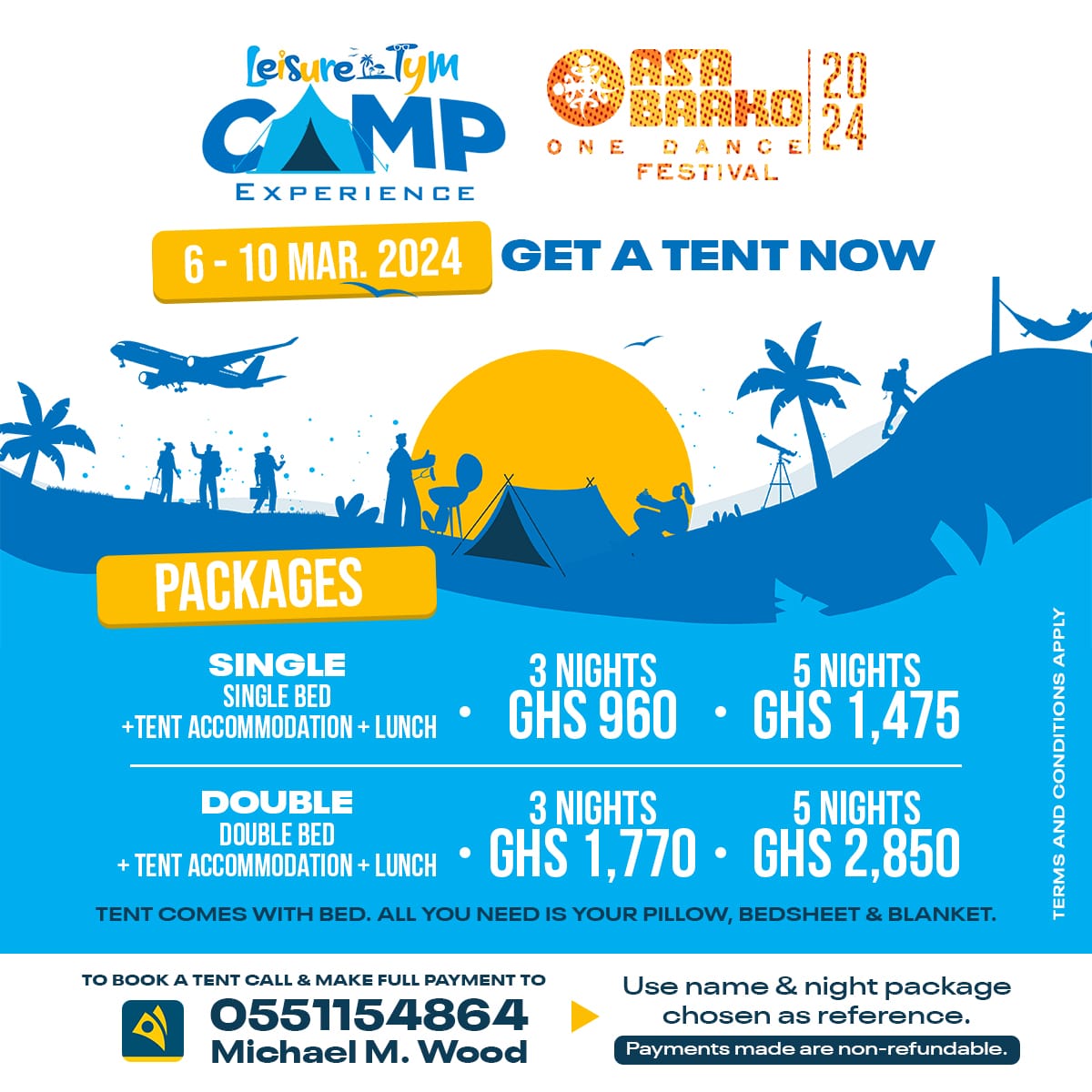 Limited Number of Cozy Camping Tent Accommodation In A Secured Eco Friendly Environment With Free Daily Lunch Available For Booking @asabaakofestival from 6th - 10th March 2024 (Leisure Camp - O.P.C. Busua)

Call / Whatsapp 055 1154 864 to book now!!!
#LeisureTym
#UnlockingWonder