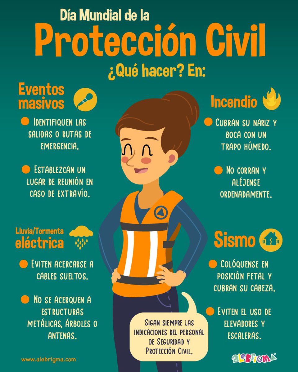 alebrigma's tweet image. En el marco del Día Mundial de la Protección Civil, queremos compartirte las acciones adecuadas para que cuando asistas a eventos masivos, como conciertos, ferias o desfiles sepas qué hacer en caso de una emergencia.

#ProteccionCivil #EventosMasivos #Emergencia