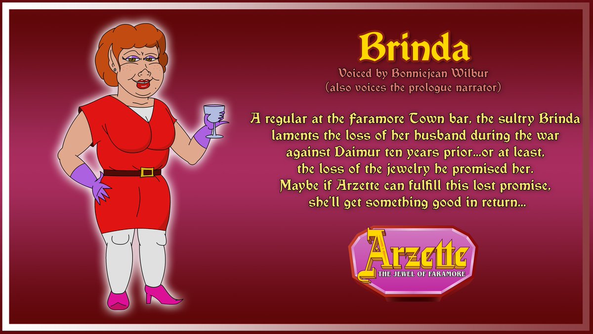 Continuing our special guest character introductions, here is the sultry Brinda voiced by Bonniejean Wilbur, the voice of Zelda from Zelda: Wand of Gamelon!