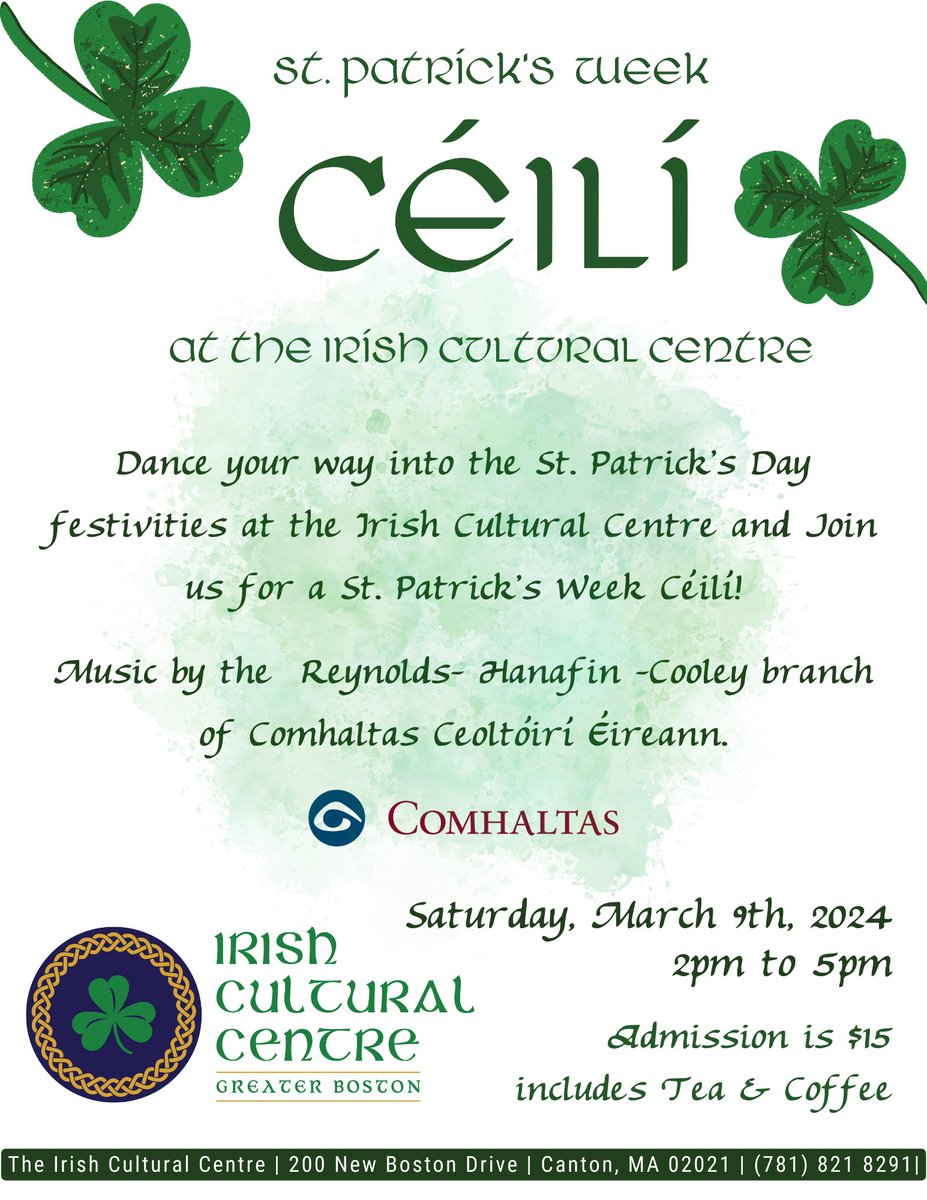 We're hosting a céilí this March in honor of St.Patrick's day! ☘️ 🇮🇪 Join us as we dance the afternoon away to the lively music of the Reynolds Hanafin Cooley branch of Comhaltas Ceoltoiri Eireann! 🎶 Tickets: bit.ly/3SrJtFn