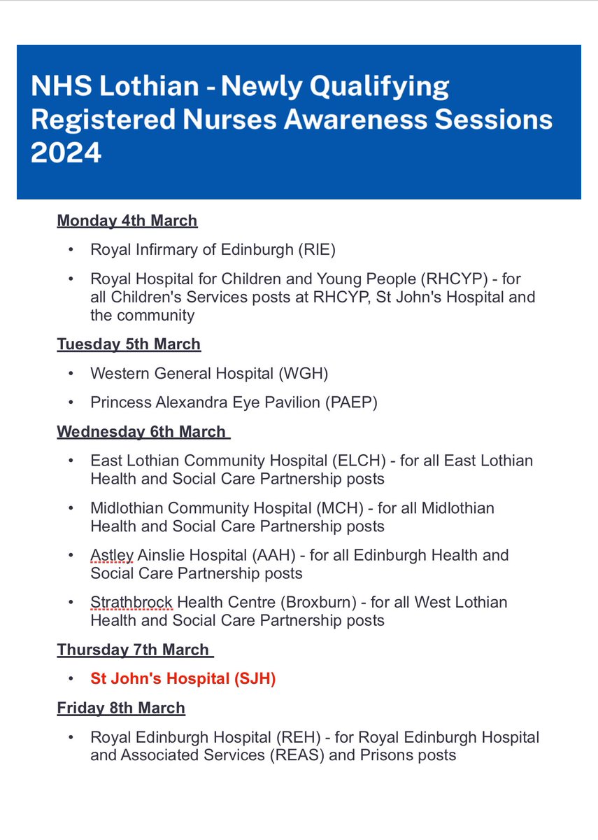 🗣️Calling all soon to be 
NQN’s-
📆 Thursday 7th March. 
🏥 St John’s Hospital.
NHS Lothian Newly Qualifying Registered Nurse Awareness Session 
@LothianSjh @SjhMau @14_sjh @EMA__SJH @nursingednapier @QMUBScHonsNurs 
apply.jobs.scot.nhs.uk/Job/JobDetail?…