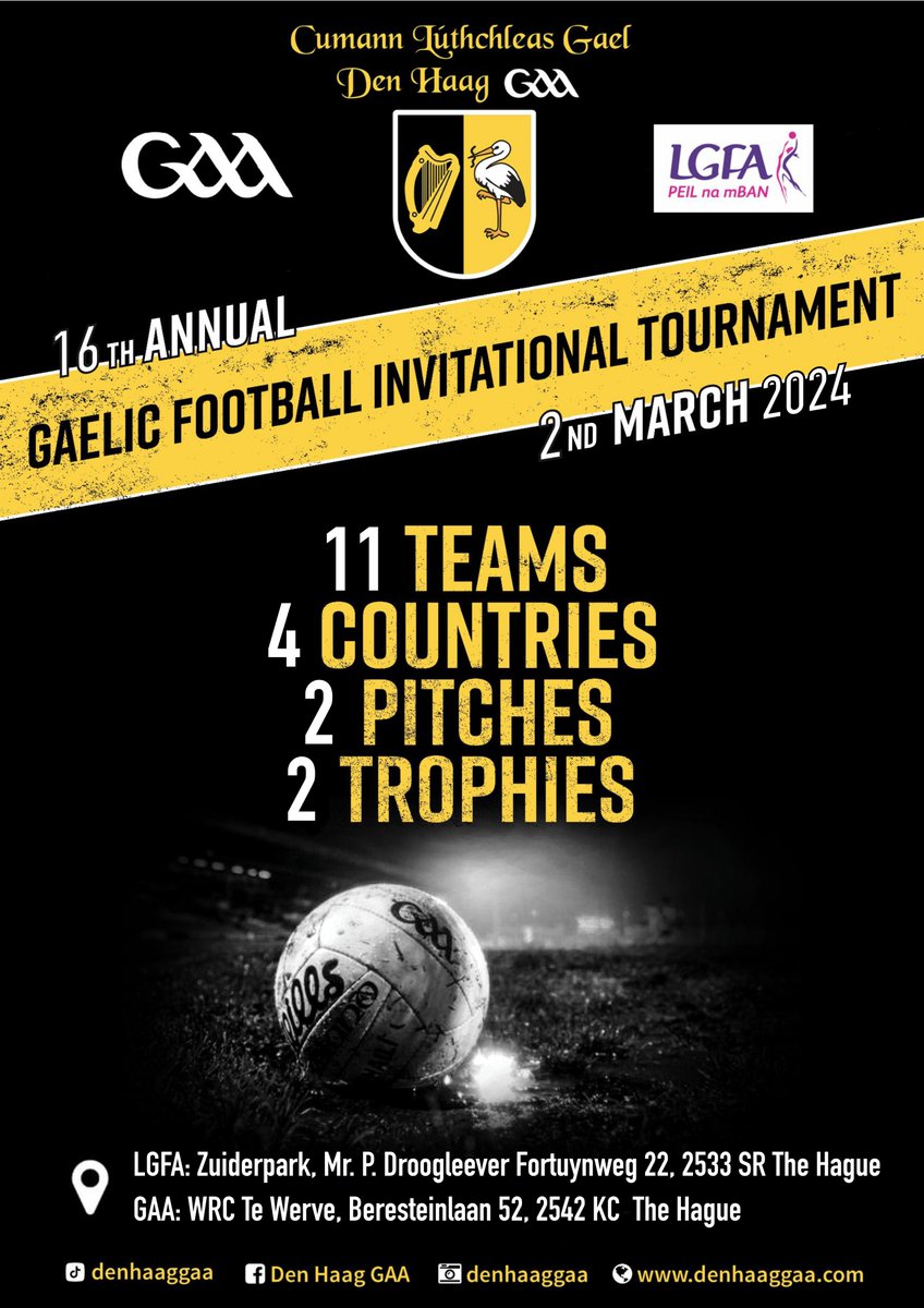 Welcome <a href="/mmladies/">Mountbellew Moylough LGFA</a> <a href="/Wanderers_GAA/">Wanderers GAA Ballyboden</a> <a href="/theislesclg/">Erin's Isle GAA Club</a> <a href="/Kilconlygaa/">Kilconly GAA</a> <a href="/GlinskGAA/">Glinsk GAA Club</a> @stbrendangaalondon @galiciagaa <a href="/IrelandinNL/">Embassy of Ireland in The Netherlands</a> <a href="/GaelicGamesEuro/">Gaelic Games Europe</a> <a href="/officialgaa/">The GAA</a> <a href="/LGFA/">Lucas Ferreira</a> <a href="/TourismIreland/">Tourism Ireland</a> <a href="/dfatirl/">Irish Foreign Ministry</a> <a href="/GemeenteDenHaag/">Gemeente Den Haag</a> <a href="/ZuiderparkEK/">@locatieZuiderpark</a> Come enjoy a day of Gaelic Football a wonderful team sport ladies &amp; men's