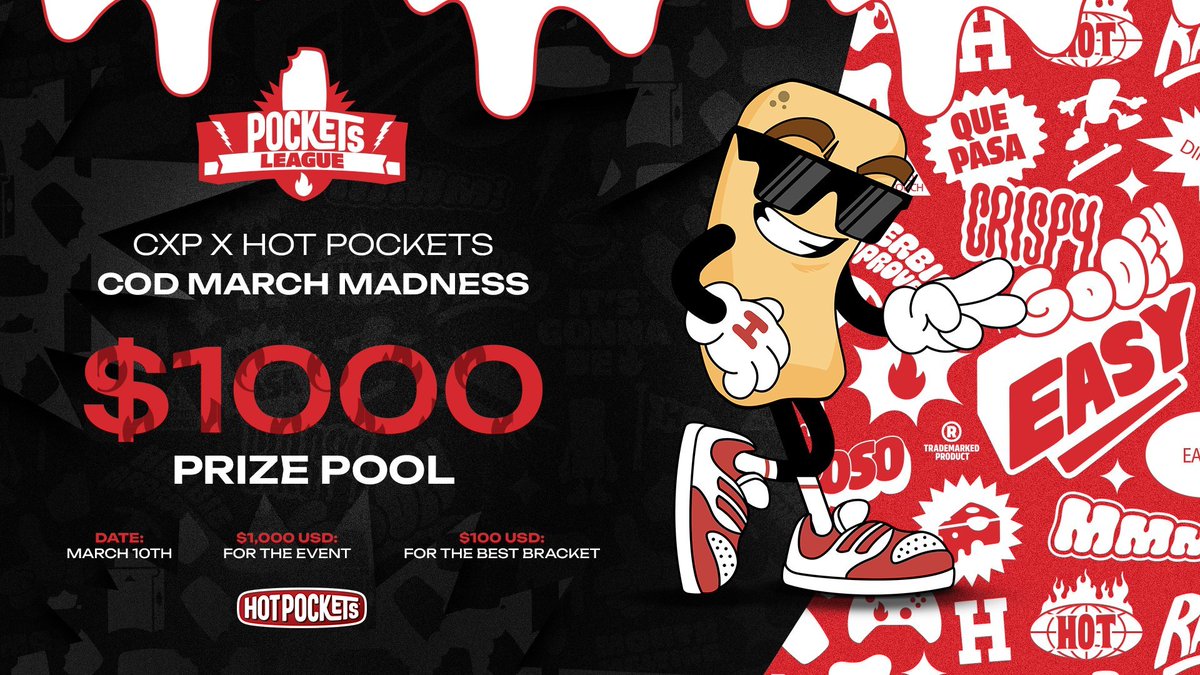 ⚔️CXP x HOT POCKETS $1K MARCH MADNESS⚔️

📅Sun March 10th, 2PM EST
🔒SIGNUPS CLOSE: Thurs March 7th 11:59EST!

🚀SND WITH A TWIST

👑OPEN TO ALL CCL AND CXP SCHOOLS

📈$100 TO THE BEST BRACKET PREDICTION