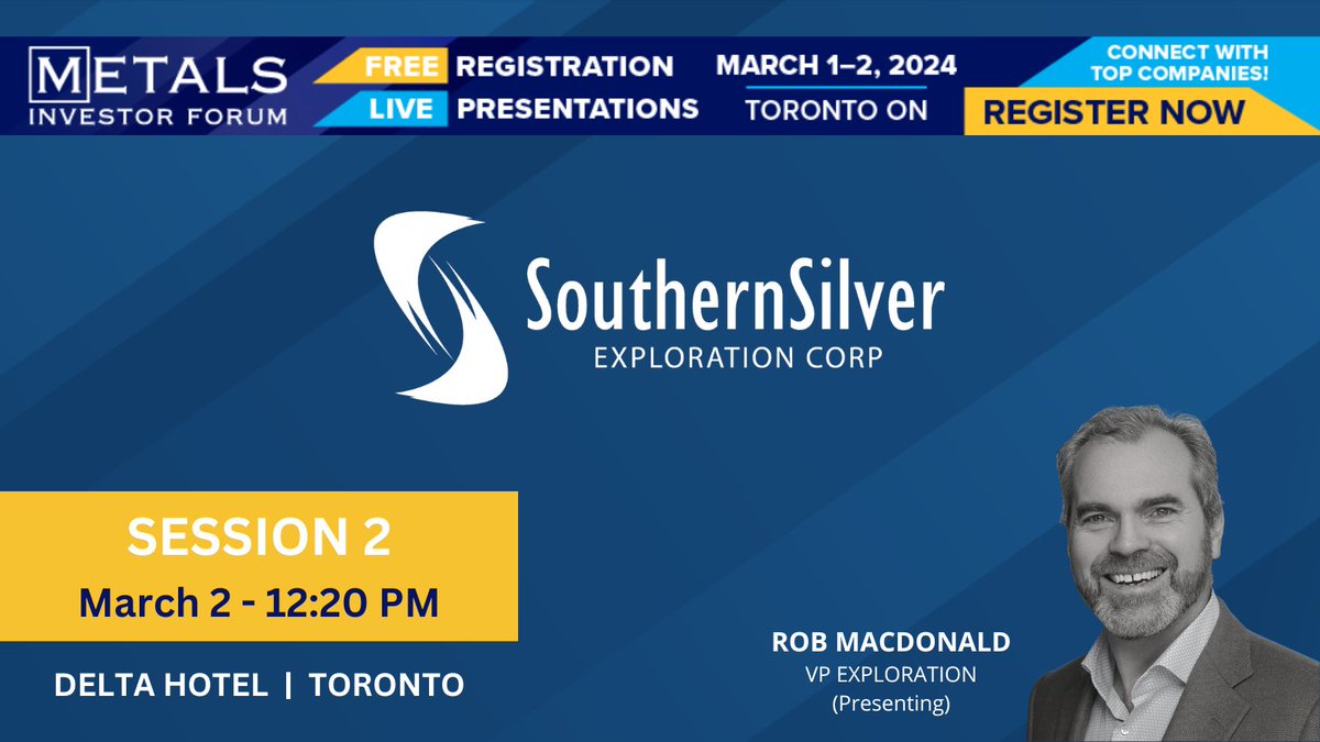 Join us at the Metals Investor Forum. Rob Macdonald, VP of Exploration, will be presenting on March 2, 2024, at 12:20 PM. Register today: bit.ly/4bEMeMv #MIF2024 #Toronto #mininginvestment #Silver #Gold #preciousmetals #investors #juniormining