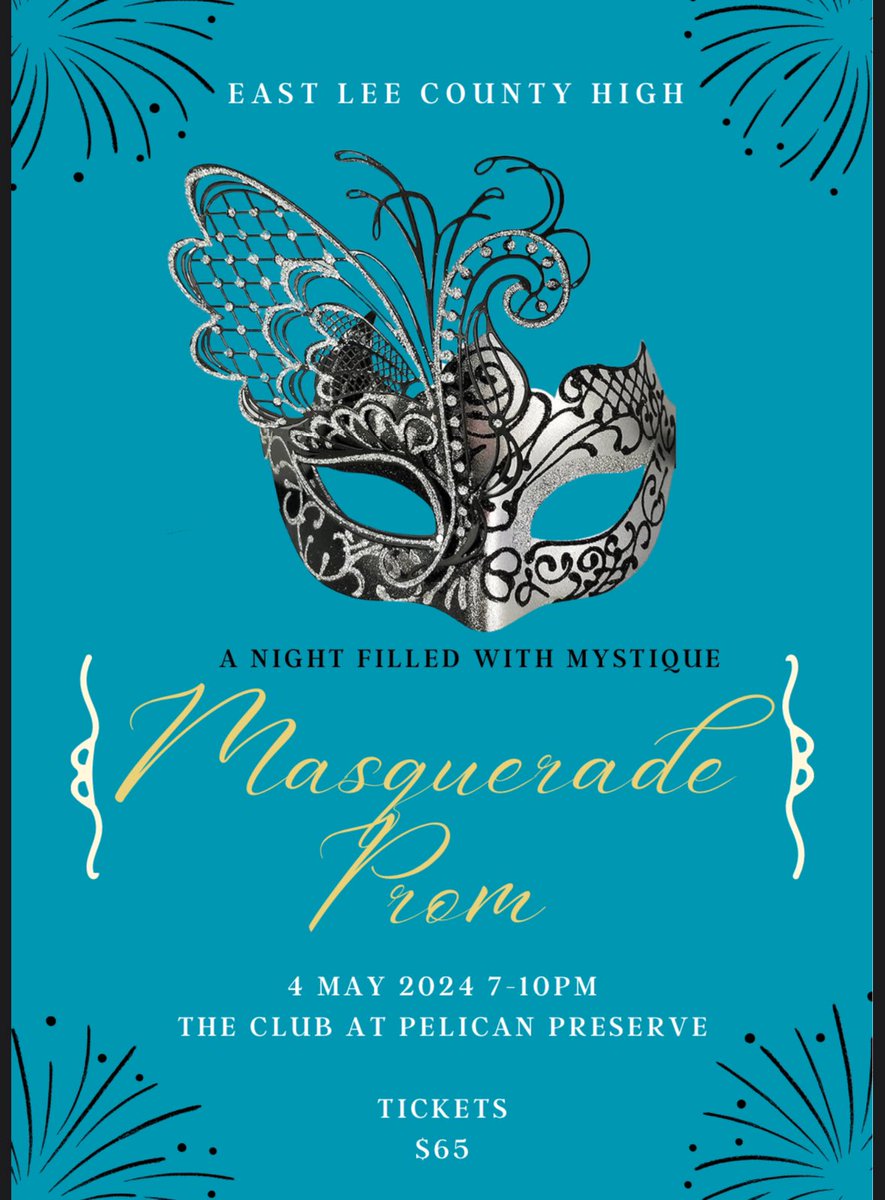 EastLeeCountyHS's tweet image. Join us for a night of mystique at East Lee County High's Masquerade Prom on May 4, 2024, 7-10 PM at The Club at Pelican Preserve! 🎭 Tickets available during lunch for $65. Let the enchantment begin! #ELCHSProm #MasqueradeMagic