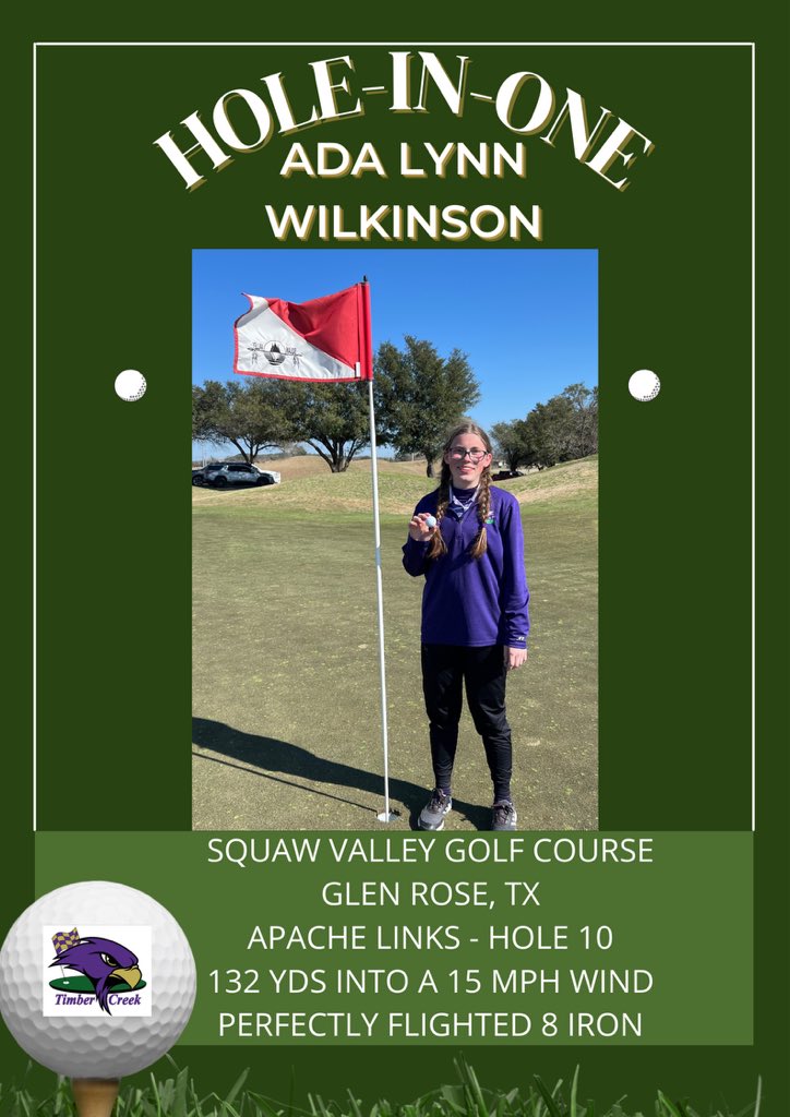 Congratulations Ada Lynn! First Hole-In-One in Timber Creek Girl’s Golf Team History! <a href="/KISDAthletics/">Keller ISD Athletics</a> <a href="/TCHS_WAthletics/">TC Women’s Athletics</a> <a href="/TCHS_Booster/">TCHS ABC</a>