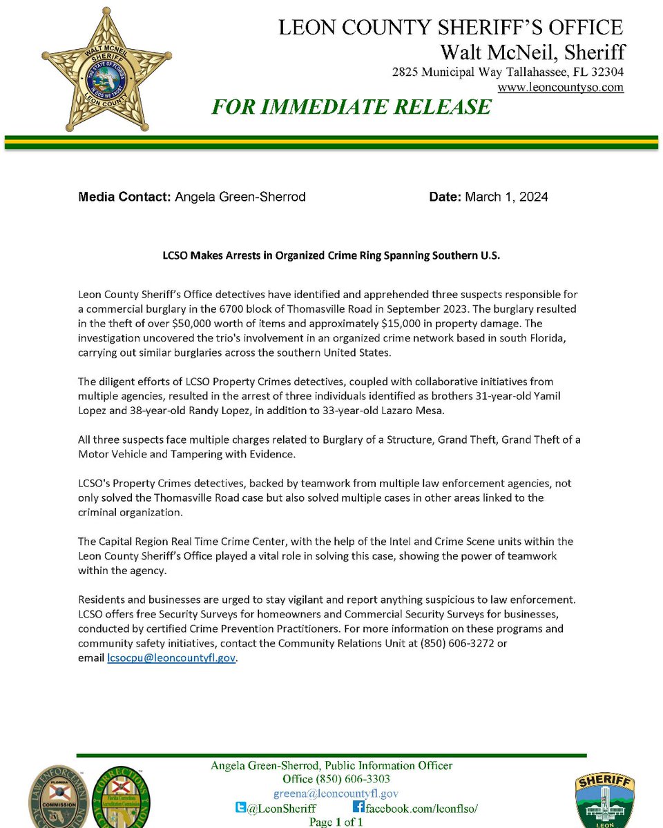 LCSO Makes Arrests in Organized Crime Ring Spanning Southern U.S.