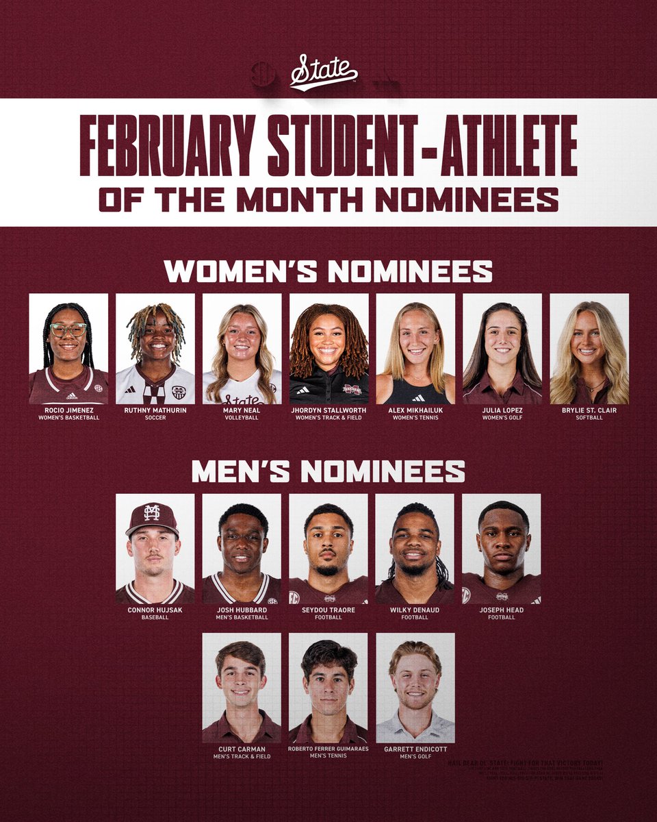 Your Student-Athletes of the Month: 

𝐁𝐫𝐲𝐥𝐢𝐞 𝐒𝐭. 𝐂𝐥𝐚𝐢𝐫 &amp; 𝐂𝐨𝐧𝐧𝐨𝐫 𝐇𝐮𝐣𝐬𝐚𝐤

Congratulations to February’s winners and nominees on your strong start this semester in the classroom. We appreciate your hard work on and off the field! 

#hailstate 🐶