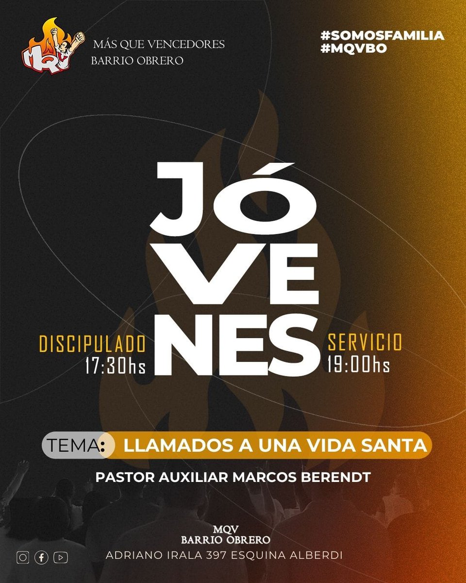 Tendremos el discipulado de jóvenes "Hombres y Mujeres" a las 17:30 Hs, y luego nuestro Servicio a las 19:00 Hs donde el Pastor Auxiliar Marcos Berendt nos traerá un mensaje tremendo  "Llamados a una vida santa"
Les esperamos a todos 🙌🏻
Invitá a un amigo ✨
#JóvenesMqvBo
#mqvbo