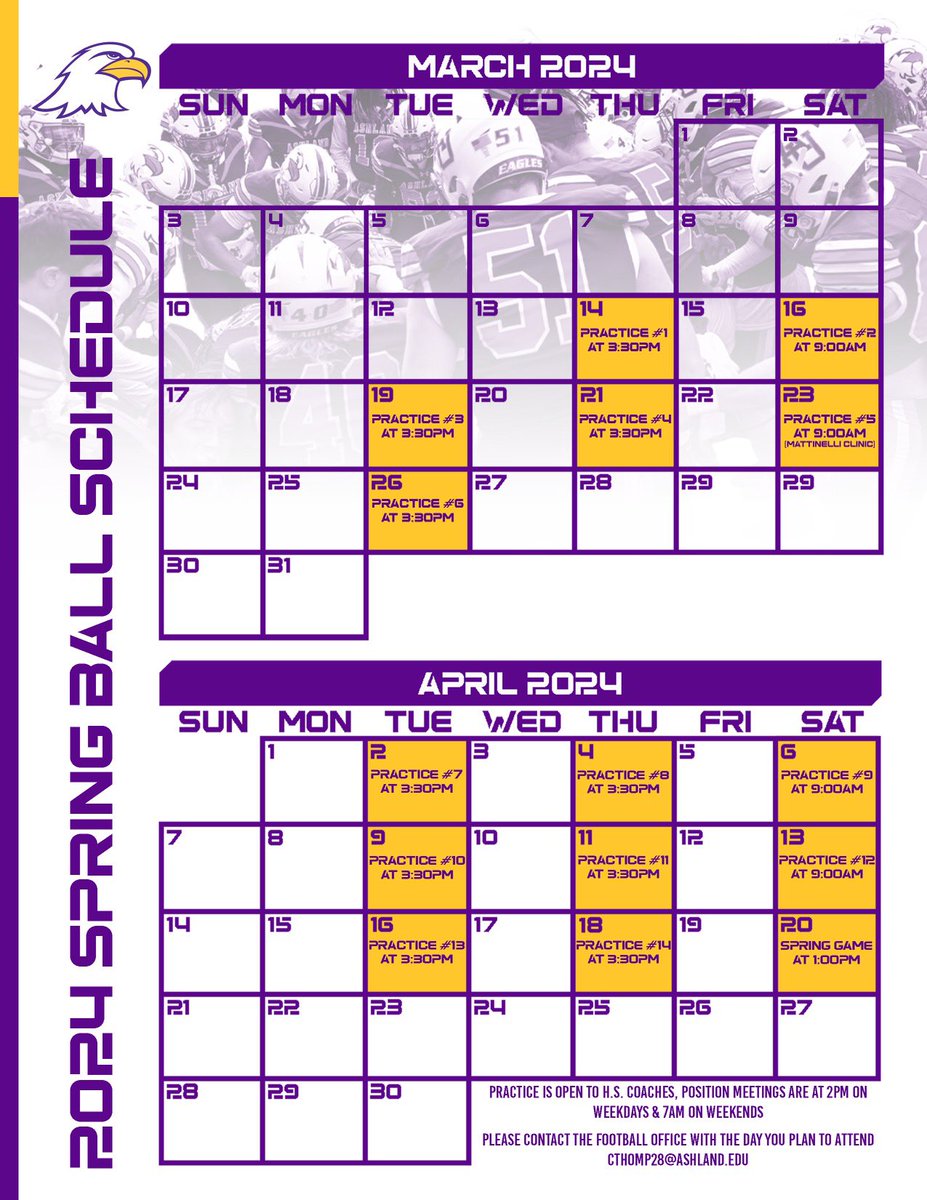 Our 2024 Spring Ball schedule is here! See the details in the bottom right of the photo for more information. 🦅