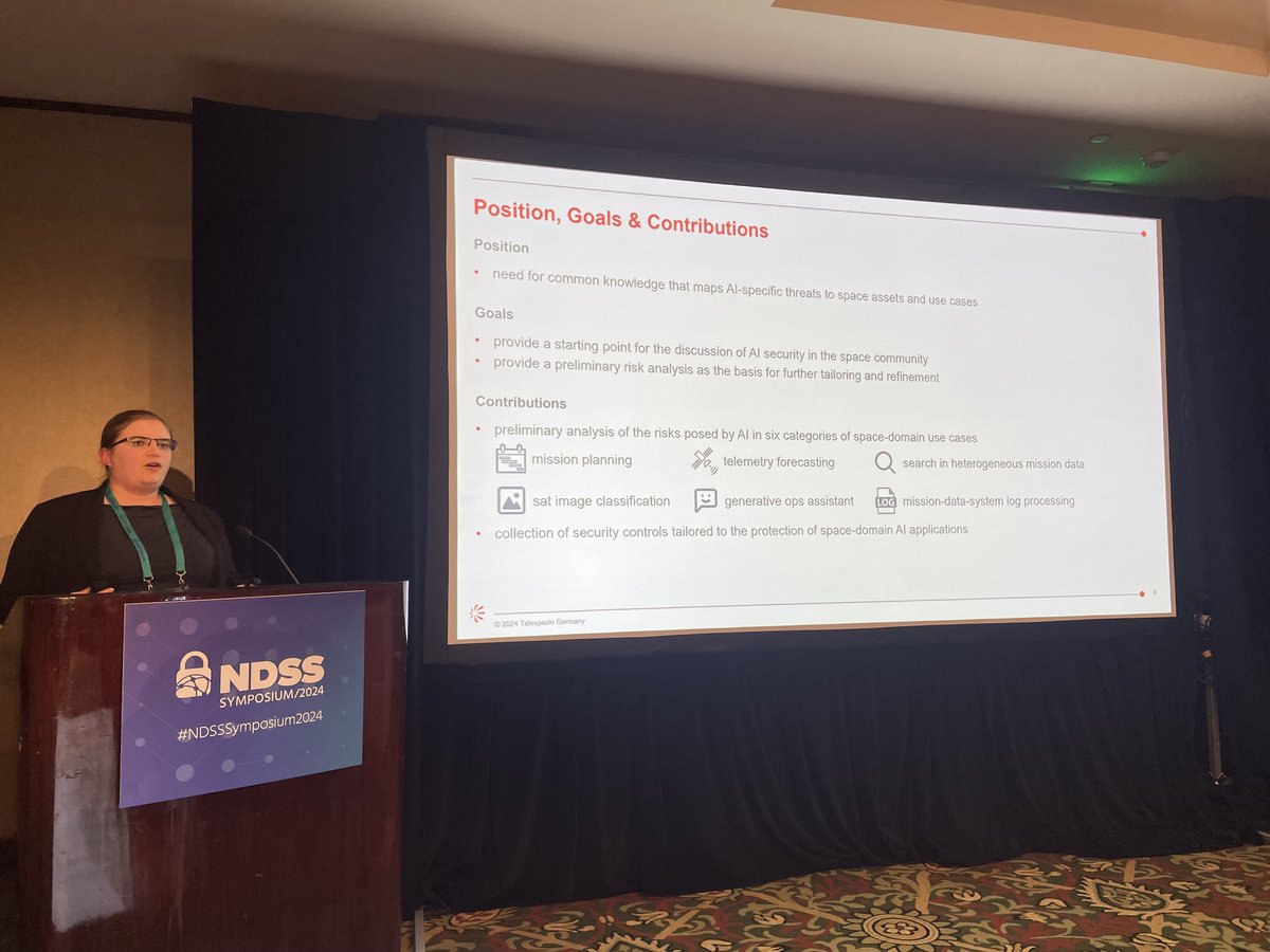 SpaceSec (@spacesecndss) on Twitter photo Last but not least in our third session is Alexandra Weber from <a href="/TelespazioGER/">Telespazio Germany</a>. She is presenting the paper "Space-Domain AI Applications need Rigorous Security Risk Analysis". #spacesec24 Last but not least in our third session is Alexandra Weber from <a href="/TelespazioGER/">Telespazio Germany</a>. She is presenting the paper "Space-Domain AI Applications need Rigorous Security Risk Analysis". #spacesec24