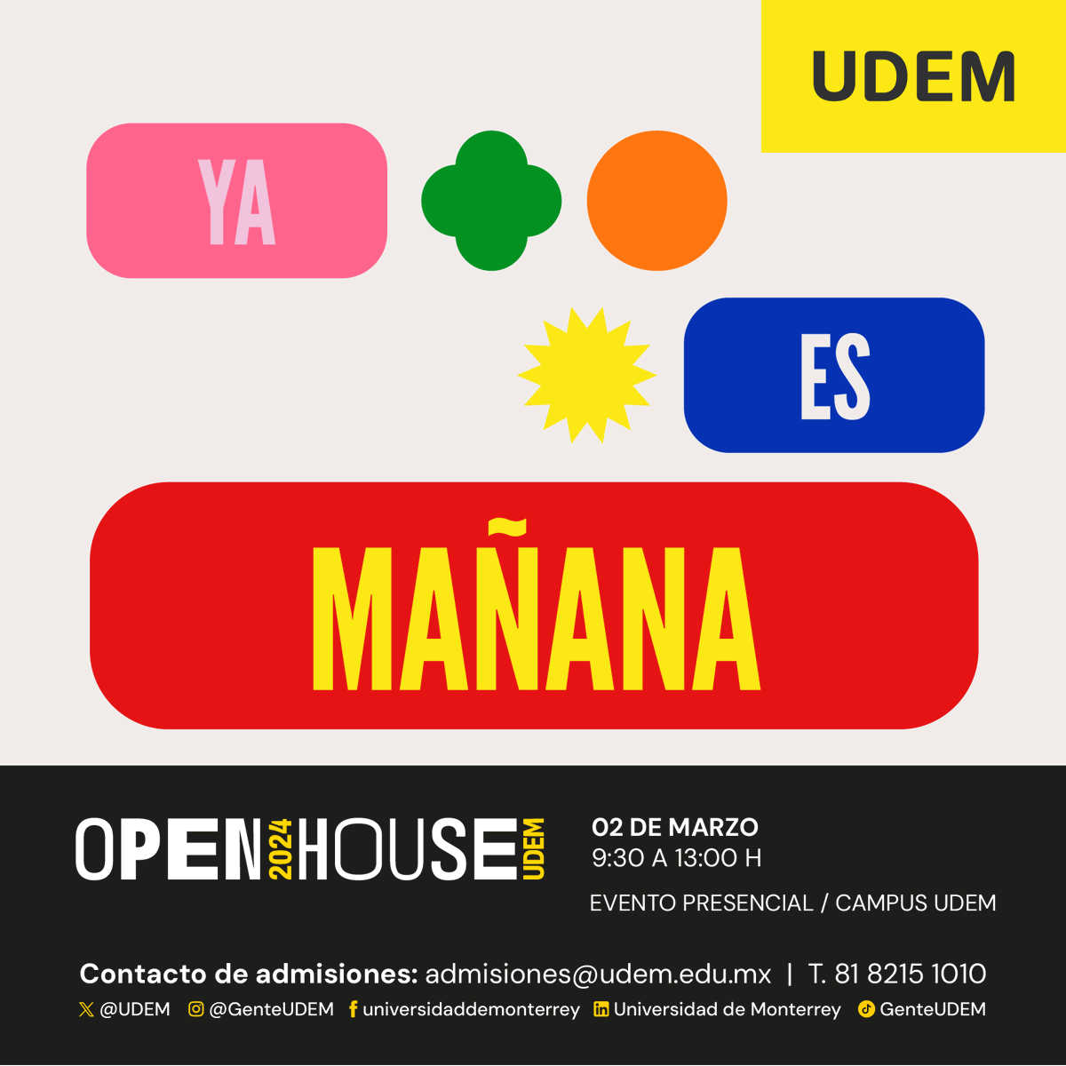 udem's tweet photo. ¡Ya estamos muy cerca del #OpenHouseUDEM! 🤩 El día de mañana podrás conocer todo sobre los planes de estudio, instalaciones, becas e intercambios de la UDEM. 💛

¡Todavía puedes registrarte! 📲 https://t.co/HjOfEvY0om https://t.co/MaJwtaRMGj
