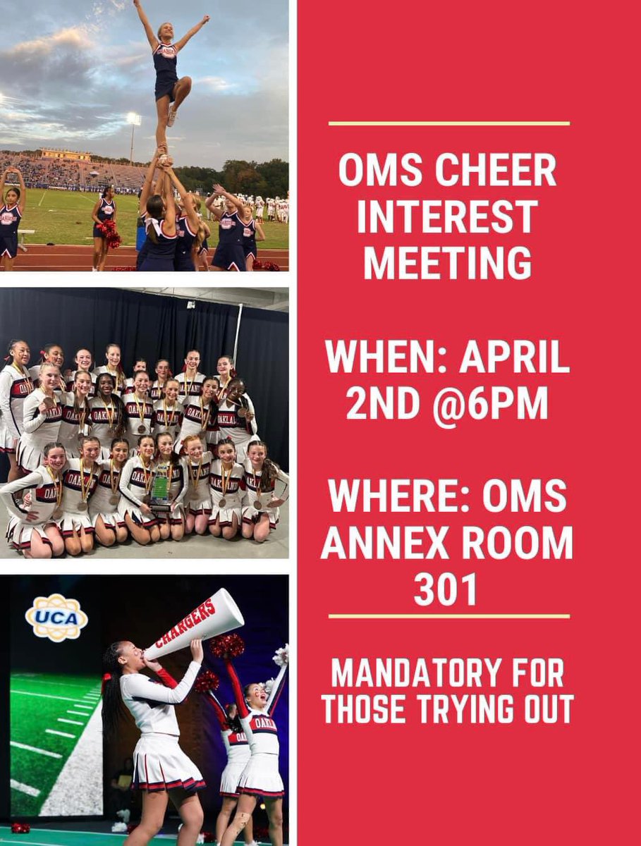 If you have a child interested in trying out for cheer at Oakland Middle for next year, there will be an interest meeting on April 2nd at 6pm. It is mandatory to attend for those planning to try out. Actual tryouts will be April 10th-12th at 5-7:30pm.