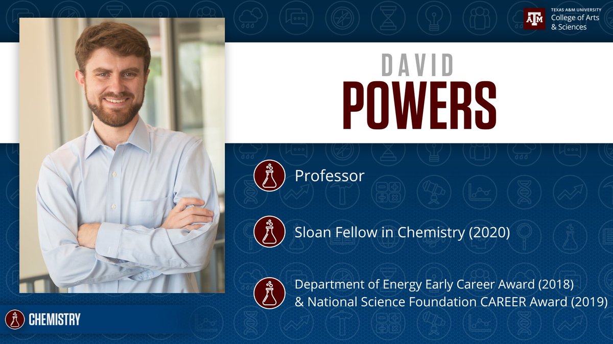 Chemistry Department (@tamuchemistry) on Twitter photo It's time for #FridayFacultySpotlight with Dr. David Powers 💡 Dr. Powers is a 2020 recipient of the <a href="/SloanFoundation/">Sloan Foundation</a> Chemistry fellowship and the 2019 <a href="/NSF/">U.S. National Science Foundation</a> CAREER Award! 🥇 We're so grateful for all Dr. Powers does for the department! 👍 It's time for #FridayFacultySpotlight with Dr. David Powers 💡 Dr. Powers is a 2020 recipient of the <a href="/SloanFoundation/">Sloan Foundation</a> Chemistry fellowship and the 2019 <a href="/NSF/">U.S. National Science Foundation</a> CAREER Award! 🥇 We're so grateful for all Dr. Powers does for the department! 👍