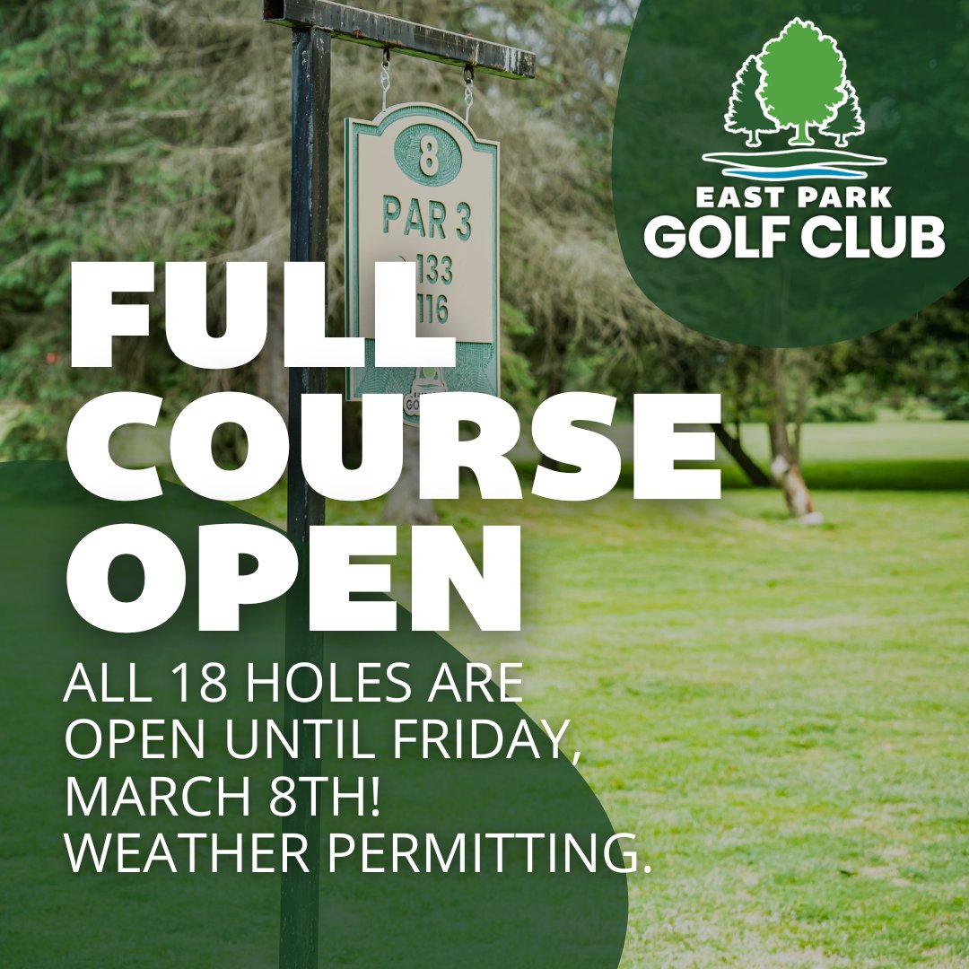 Perfect weather for a little golf 😎⛳️

Good news, the course will be staying open until Friday, March 8th 🎉

Hours will be from 10:00am to 4:00pm. We highly recommend purchasing your tee time online in advance to save! 
 
✅ - eastparklondon.com/golf/book-tee-…