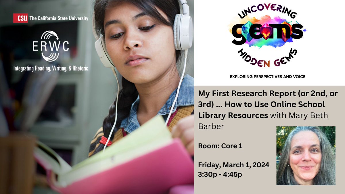 Join Mary Beth Barber for a session on My First Research Report (or 2nd, or 3rd) ... How to Use Online School Library Resources Friday at 3:30p in Core 1. #ERWC #CATE2024