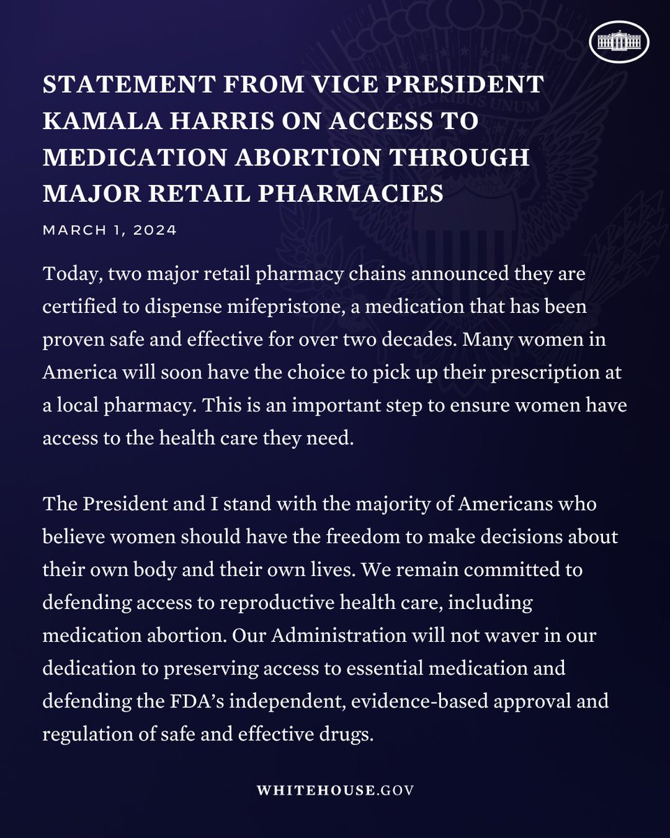 Vice President Kamala Harris Archived (@vp46archive) on Twitter photo President Biden and I remain committed to defending access to reproductive health care, including medication abortion. 
Today's announcement by two major retail pharmacy chains is an important step to ensure women have access to the health care they need. President Biden and I remain committed to defending access to reproductive health care, including medication abortion. 
Today's announcement by two major retail pharmacy chains is an important step to ensure women have access to the health care they need.