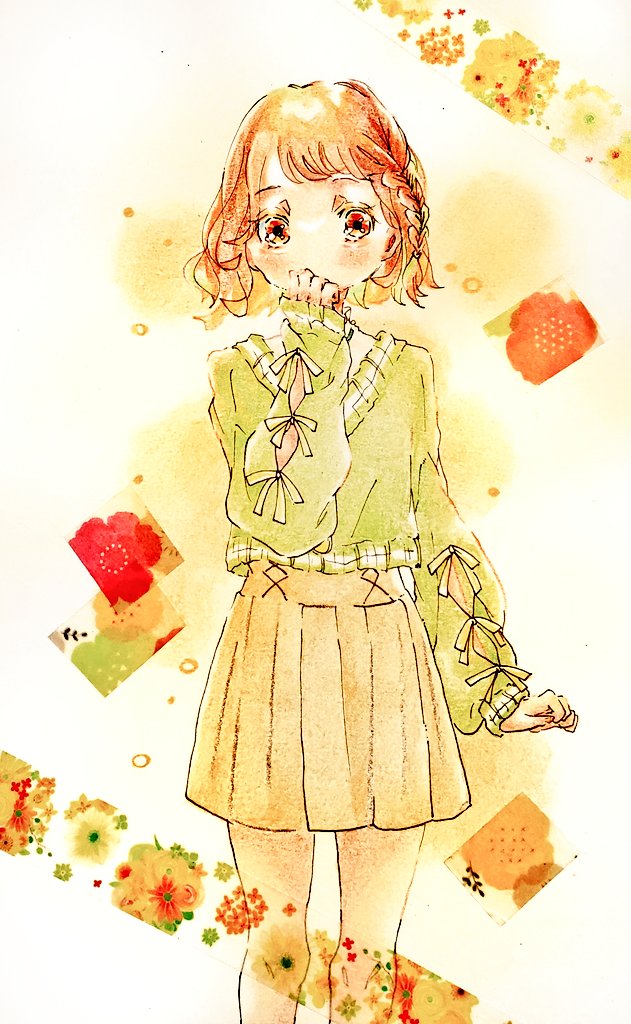 1girl solo skirt sweater braid green sweater long sleeves  illustration images