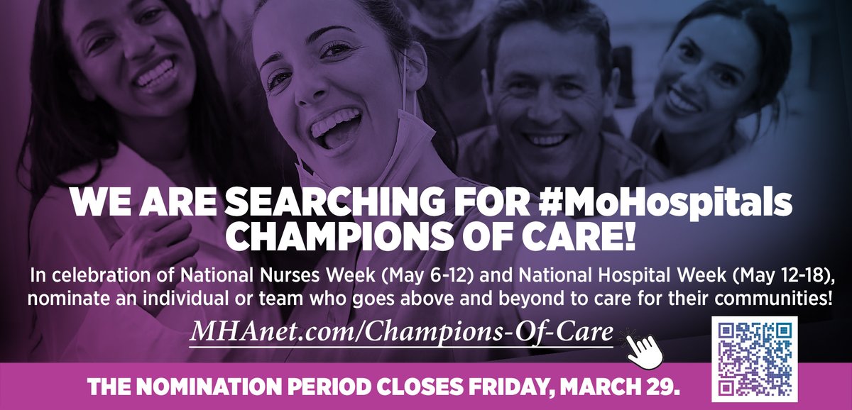 We are looking for #MoHospitals ✨Champions of Care✨ Nominate an individual and/or a health care team who goes above and beyond every day for the communities they serve. 🔗Learn more and nominate someone today: web.mhanet.com/champions-of-c… #HospitalWeek #NursesWeek