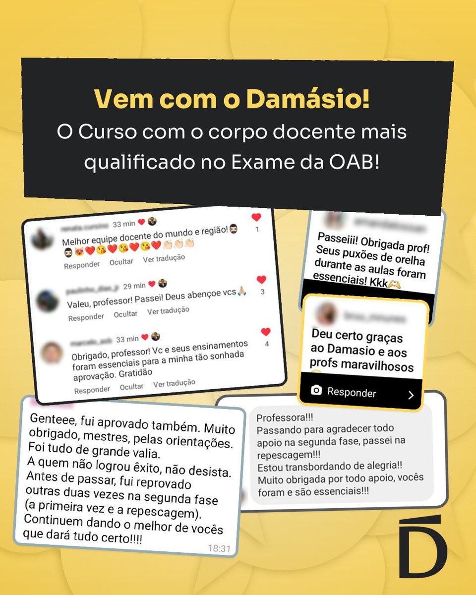 🏢O Damásio junto com você até a aprovação!

📅Quinta-feira, dia 29/02, foi divulgado o resultado final do 39° Exame da OAB!

👏Parabéns aos aprovados no Exame! A Equipe Damásio parabeniza todos os alunos e deseja muito sucesso na carreira!