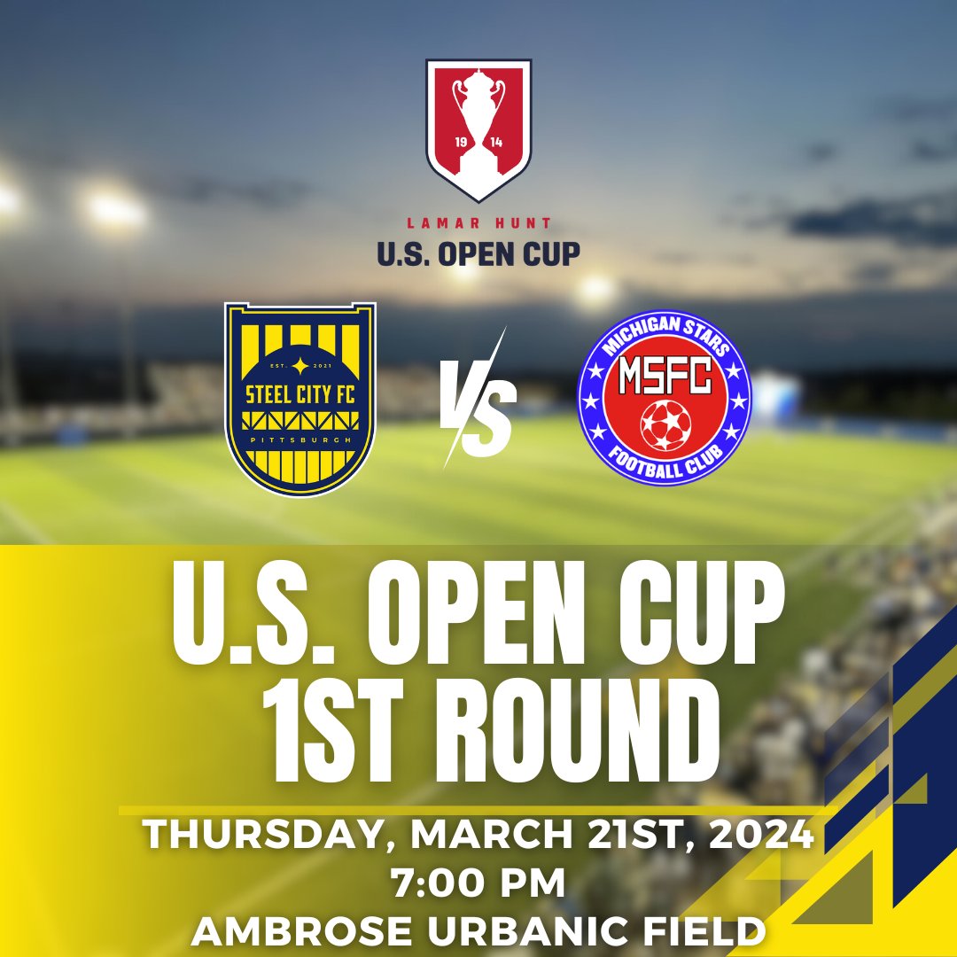 🚨 Your Steel City FC Men's Team will host <a href="/MichiganStarsFC/">Michigan Stars Football Club</a> in Round 1 of the @OpenCup!🚨 

🗓 Thursday, March 21st, 2024
🕢 7 PM Kickoff
📍 Ambrose Urbanic Field, Pittsburgh, PA

Mark your calendar! Full ticketing info coming soon! 

#pittsburghsoccer #strongertogether