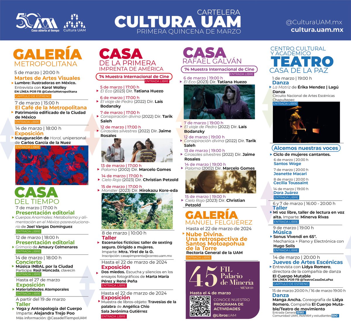 lauammx's tweet photo. 📣 ¡Danza, música, ciclos de cine, exposiciones, talleres y más! Consulta la cartelera cultural de la Casa abierta al tiempo
.
#UAM50 #SoyUAM #CulturaUAM
#UAMCreativa @CulturaUAMmx https://t.co/ndwqS3EJmb