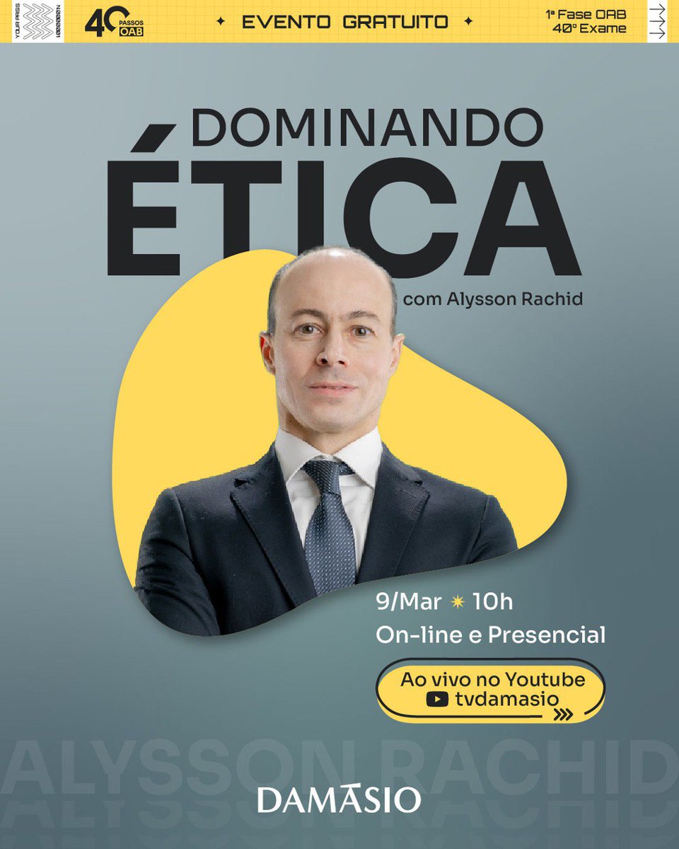 ⚖️ÉTICA NA OAB!⚖️

📚Participe do Dominando Ética e vem garantir os seus 40 pontos para a sua aprovação.

⏰Fique ligado na programação:
📅Data: 09/03/2024.
Horário: 10h às 13h.
📺On-line: TV Damásio, no Youtube.
🙋🏽‍♀️🙋‍♂️Presencial: Unidade Liberdade - São Paulo/SP.