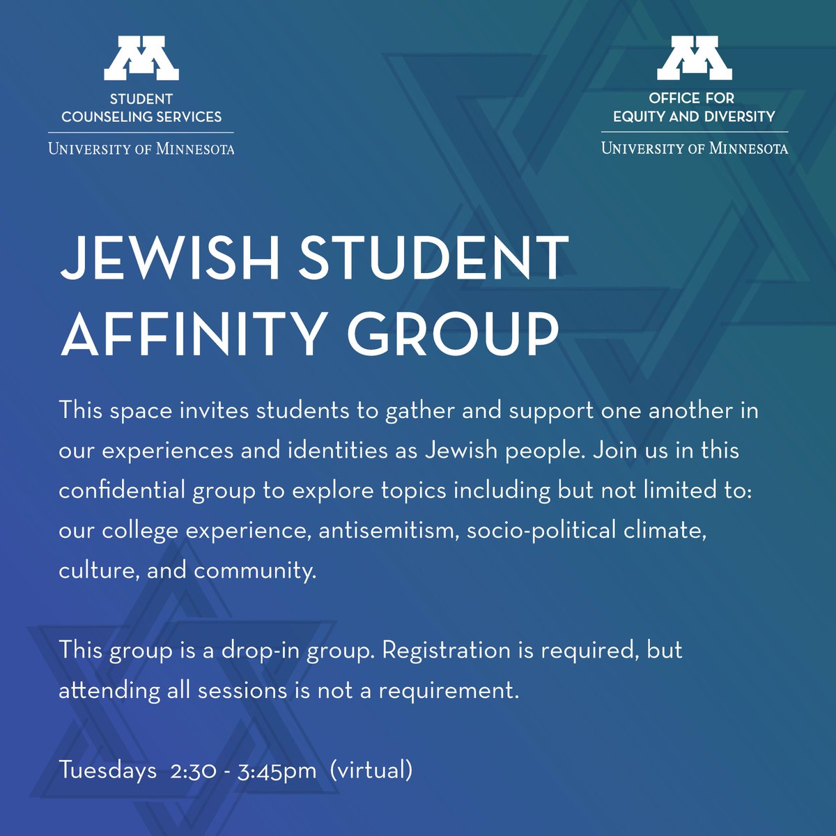 New student group! The Jewish Student Affinity Group invites students to gather and support one another in our experiences and identities as Jewish people. To register, visit z.umn.edu/jewishaffinity… For a full list of affinity and counseling groups, visit z.umn.edu/SCSaffinity